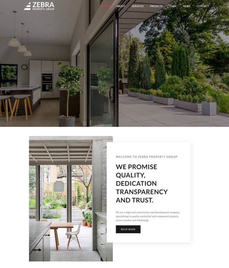 a screenshot of a house as a banner for Zebra Property Group's website showcasing the CONCAT Tech team's web design and web development