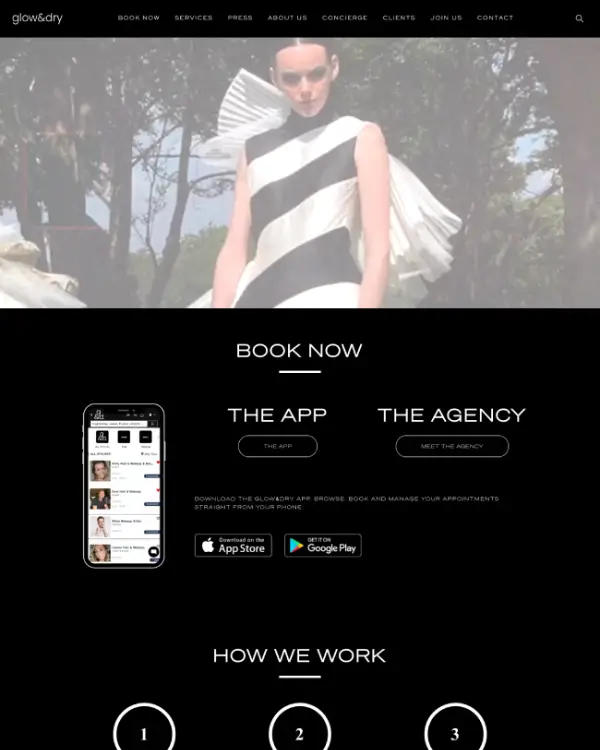 a woman in a dress banner for a beauty website called Glowandry showcasing the CONCAT Tech team's web design and website development