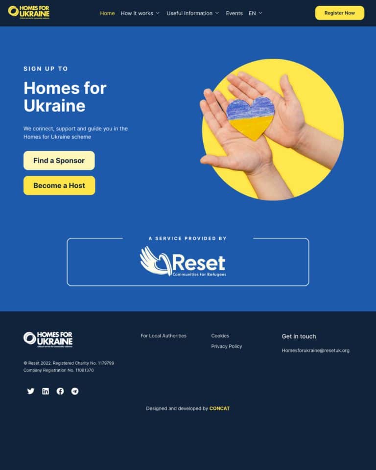 a screenshot of Homes for Ukraine's website showcasing the CONCAT Tech team's web design and website development