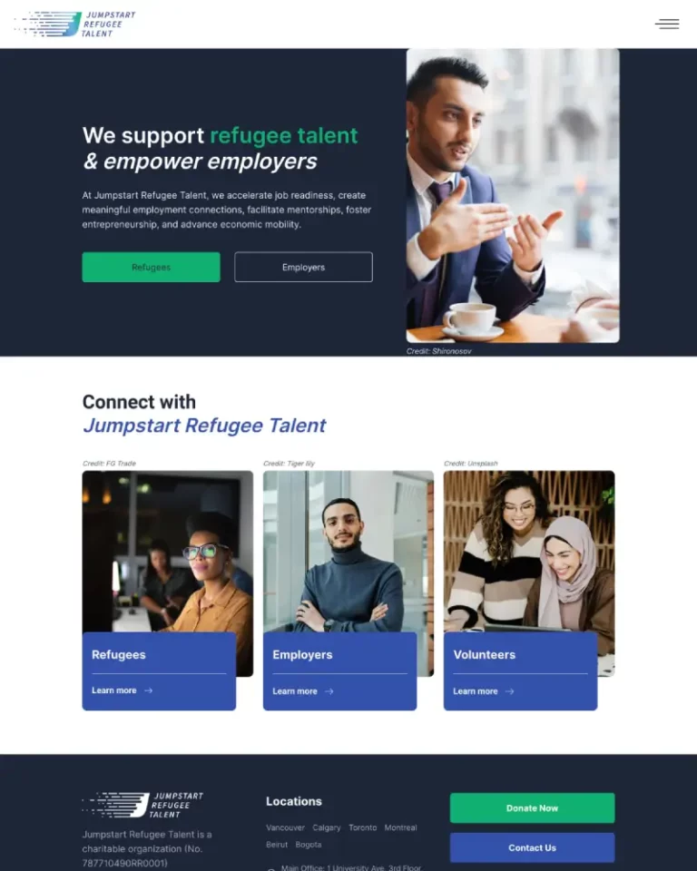 a screenshot of Jumpstart Refugee Talent's website showcasing the CONCAT Tech team's web design and website development